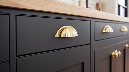 Modern kitchen cabinetry detail with sleek, dark gray cabinets and elegant, gold handles adding a touch of luxury. Practical and stylish design.