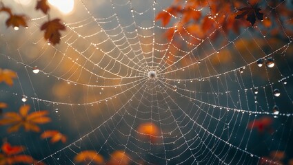 Spiderweb Covered with Dew Drops in Autumn Leaves Scenery