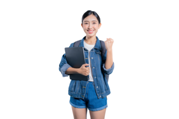 A successful young Asian student holding a laptop and cheering with a triumphant fist pump to celebrate an achievement on png