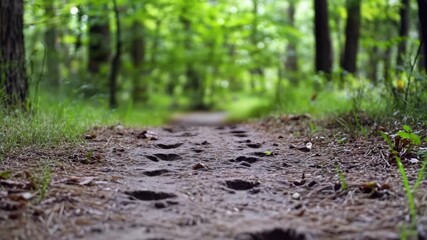 Animal tracks on forest trail surrounded by greenery