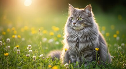 Majestic Gray Cat Sitting Gracefully in a Sunlit Meadow