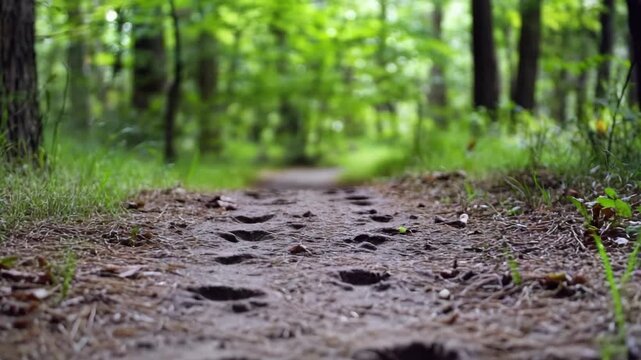Animal tracks on forest trail surrounded by greenery