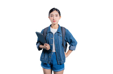 A serious and focused young Asian student holding a laptop, looking directly at the camera with a...