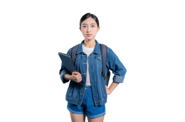 A serious and focused young Asian student holding a laptop, looking directly at the camera with a neutral expression on png 