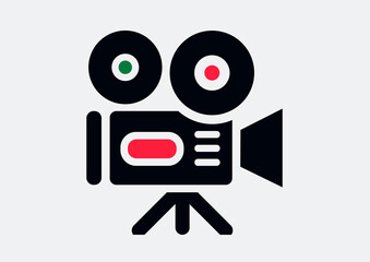 Movie camera, black and white vector silhouette icon