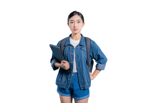 A serious and focused young Asian student holding a laptop, looking directly at the camera with a neutral expression on png 