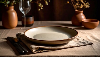 Elegant Table Setting with Ceramic Plate and Rustic Decor
