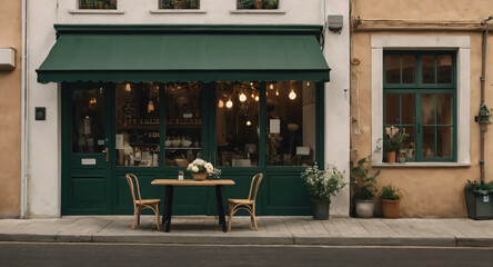 coffee shop with dark green doors