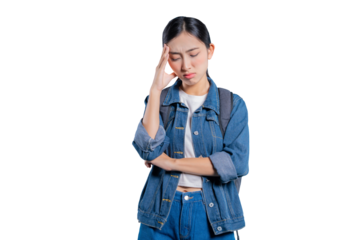 A stressed young Asian student with a headache, touching her forehead in pain, worry, or deep thought on png 