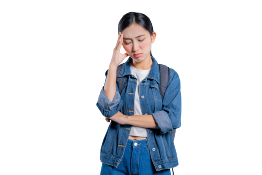A stressed young Asian student with a headache, touching her forehead in pain, worry, or deep thought on png 
