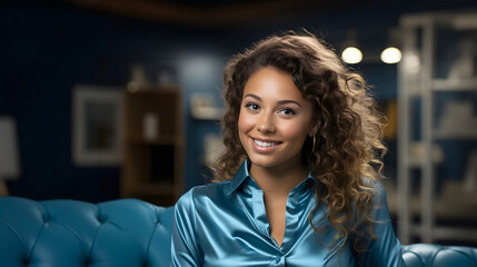 Obraz premium Woman with curly hair smiles warmly in a bright cafe setting with blue decor and cozy seating