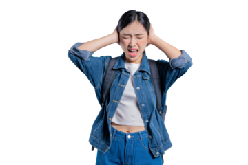 A young Asian student covers her ears and shouts, annoyed by a loud noise or trying to ignore something unpleasant on png 