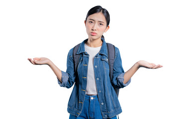 A confused young Asian student shrugging her shoulders with open palms, expressing uncertainty or...