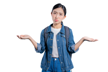 A confused young Asian student shrugging her shoulders with open palms, expressing uncertainty or not knowing. on png 
