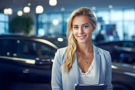 Smiling woman in orange jacket holding car keys in a bright car dealership with an orange vehicle in the background