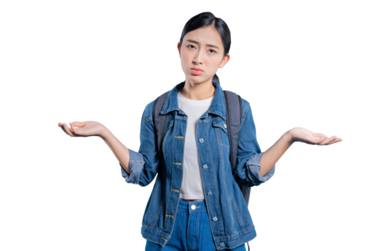 A confused young Asian student shrugging her shoulders with open palms, expressing uncertainty or not knowing. on png 