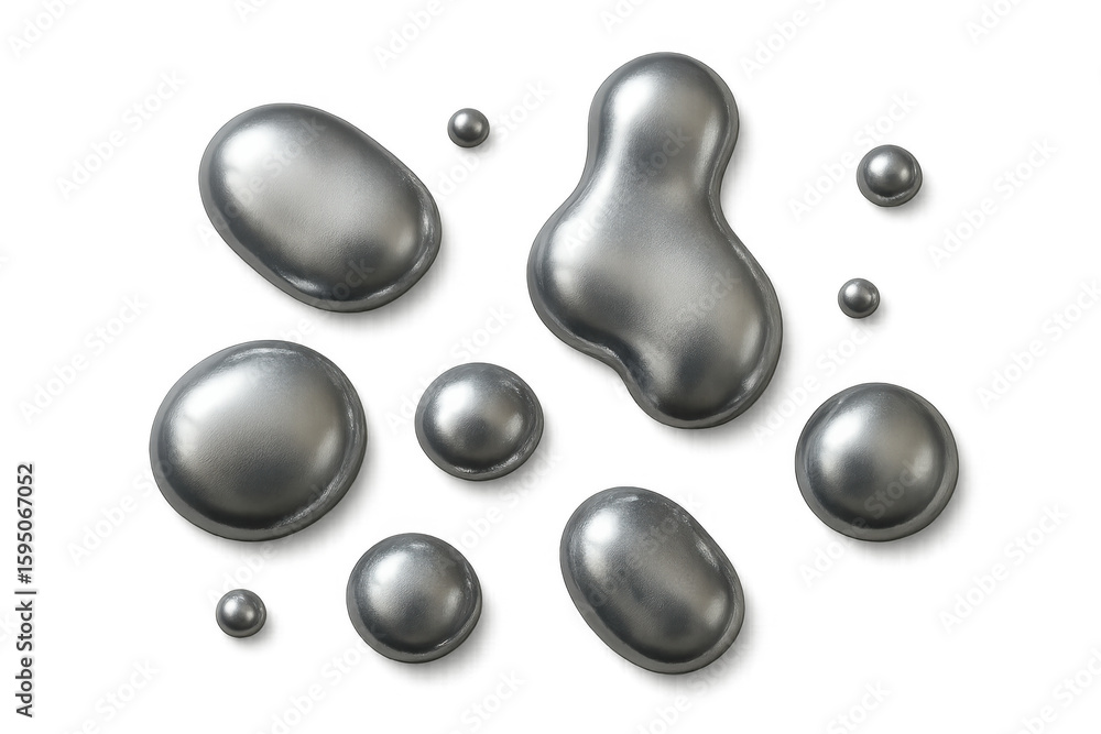 Fototapete metallic silver droplets morphing into fluid, dynamic shapes against transparent surface, rendering 