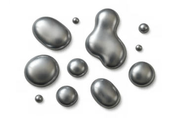 Metallic silver droplets morphing into fluid, dynamic shapes against transparent surface, rendering sleek visual composition