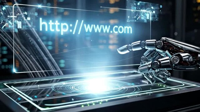 Robotic Hand Interacting with Futuristic Digital Interface Displaying Website Address