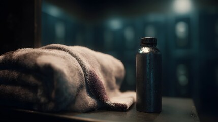 Gym locker room with towel water bottle and post workout glow