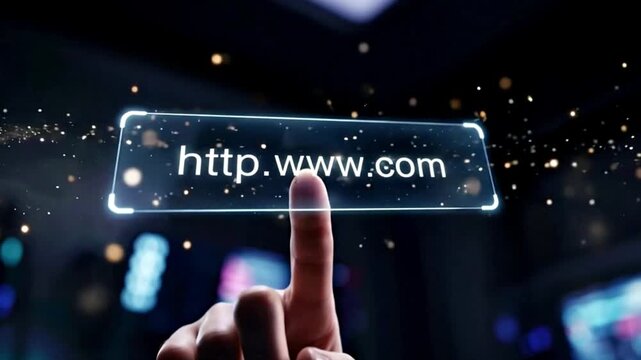 Finger Touching Website Address Bar Digital Interface with Glowing Particles
