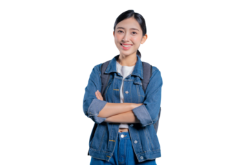 Asian student stands with her arms crossed, smiling with a self-assured expression on png