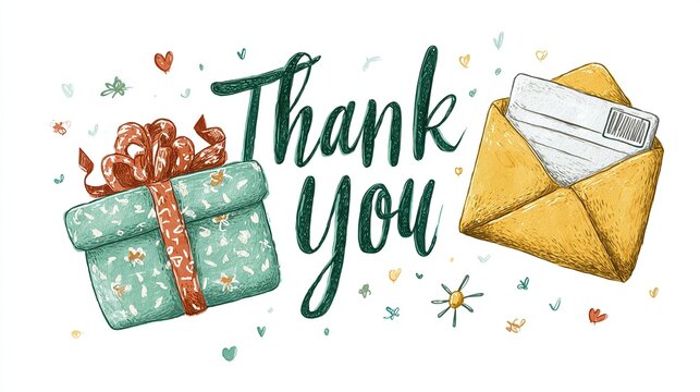A "Thank You" message with a teal gift box tied with a red bow, a yellow envelope containing a letter, and confetti