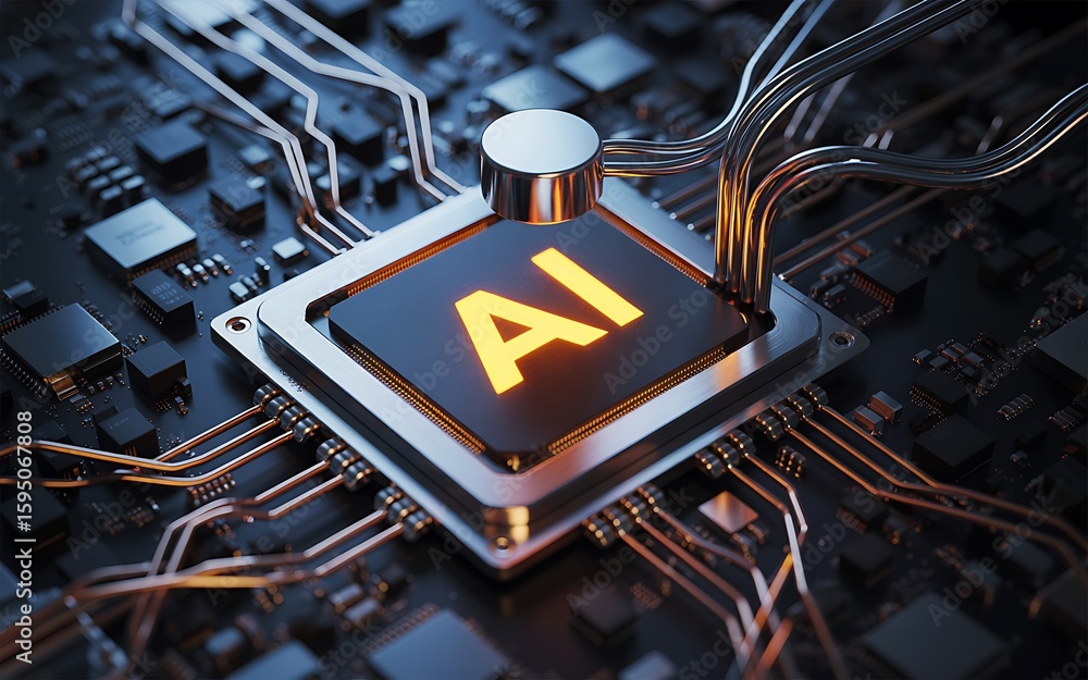 Aufkleber glowing artificial intelligence chip on circuit board with copper wires processor