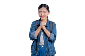 A hopeful young Asian student with her eyes closed, clasping her hands together as if making a sincere wish or praying on png 