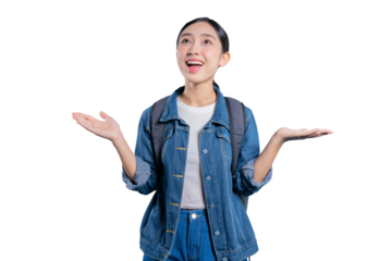 An amazed young Asian student looks up with open hands, as if presenting or welcoming something wonderful and exciting on png