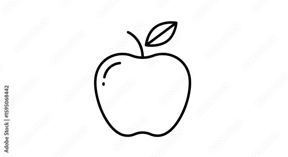 Poster outline drawing of an apple with a stem and a single leaf attached