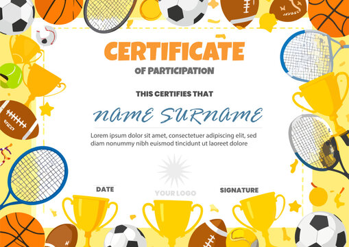 Kids sports participation certificate template with colorful border, trophies and playful design in landscape A4

