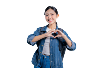 A lovely young Asian student is smiling and making a heart shape with her hands to express love, care, and gratitude on png

