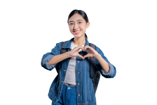 A lovely young Asian student is smiling and making a heart shape with her hands to express love, care, and gratitude on png
 - Powered by Adobe