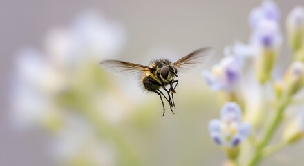 Hoverfly in Flight Near Flowers A Detailed Macro Photograph
