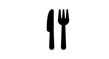 A simple black and white illustration of a knife and fork side by side