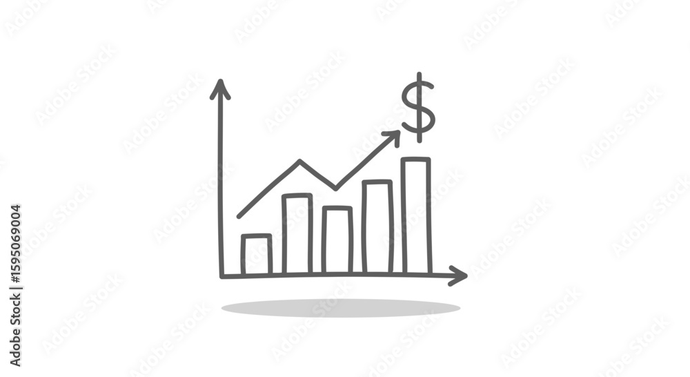 Poster hand drawn graph showing increasing bars with an arrow and dollar sign