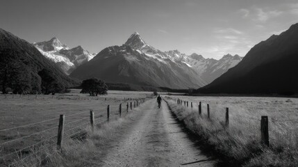 A grayscale landscape with a lone figure walking down a country road toward snow-capped mountains