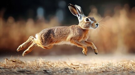 Obraz premium Hare Leaping Through Dry Grass In Natural Habitat. Symbol Of Agility And Freedom In Wildlife