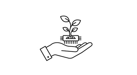 Obraz premium Hand holding a plant growing from a computer chip line art illustration