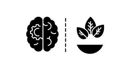 Brain with gear and leaves in bowl separated by dashed line in black