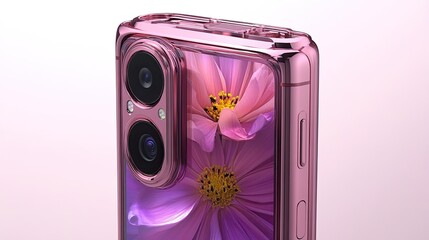 Macro Close-Up of a Pink Smartphone with Floral Screen and Camera Details with a Shiny Pink Frame