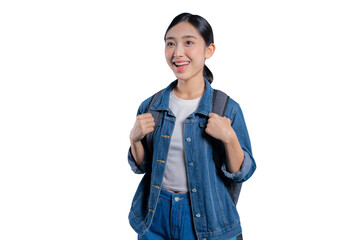 Asian student looking away with an excited and happy expression, ready for a new day at university on png 