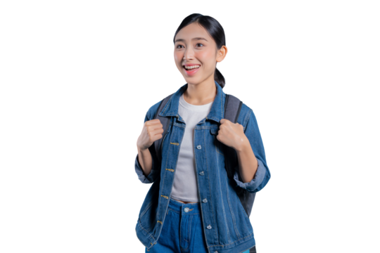 Asian student looking away with an excited and happy expression, ready for a new day at university on png 