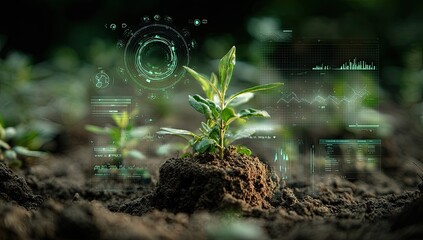 A young plant in the earth, surrounded by data overlays