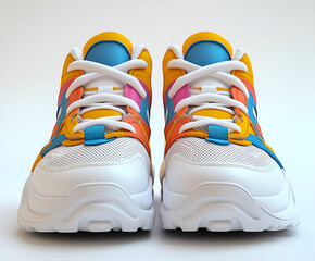 A front-facing view of a pair of colorful, modern sneakers with white mesh and laces, accented with yellow, orange, blue, and pink details.