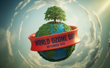 Planet earth with a tree and a banner celebrating world ozone day
