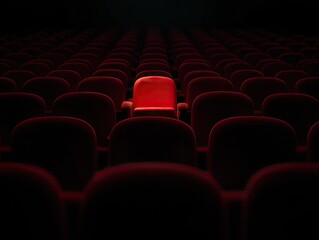 Obraz premium A single red seat in a dark theater