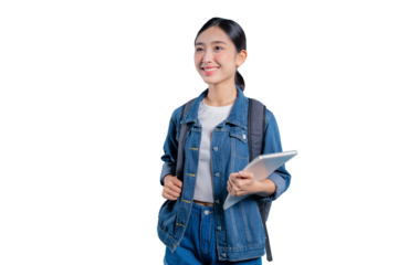 Asian student in a denim jacket holding a tablet and smiling while looking away, isolated on a png background.