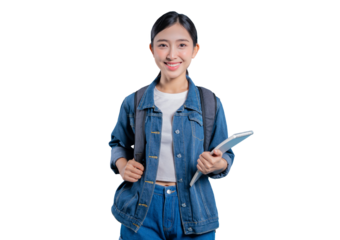 Asian student in a denim jacket holding a tablet and smiling while looking away, isolated on a png background.